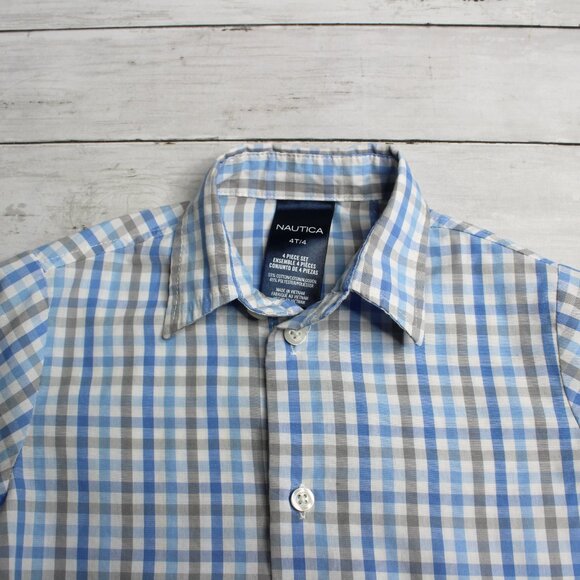 Nautica Boy Button Up Dress Shirt Size 4T 4 Blue White Gray Check - Picture 4 of 5